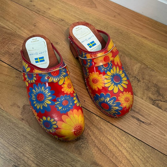 Moheda Toffeln Women's Real Leather Slip On Floral Wooden Clogs Sz 41 Multicolor - Picture 4 of 10